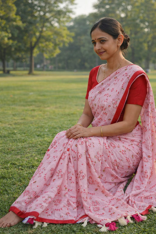 pink printed mul cotton saree