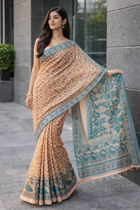 Orange Jamdani Cotton Saree