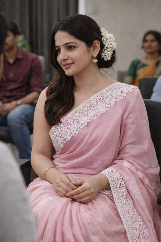 Pink Lace mul  cotton saree