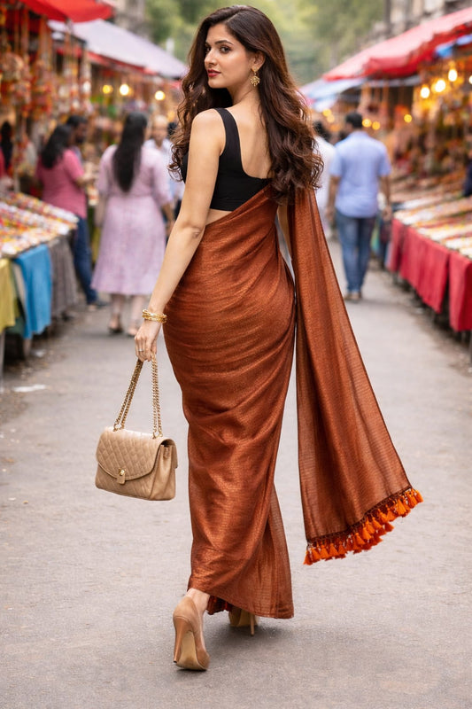 Brown stripes mul cotton saree