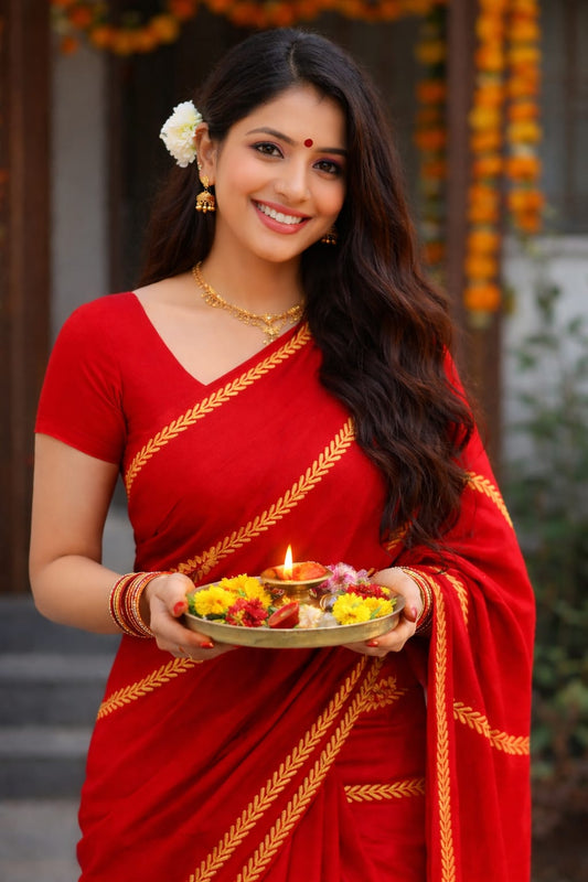 Red mul cotton saree