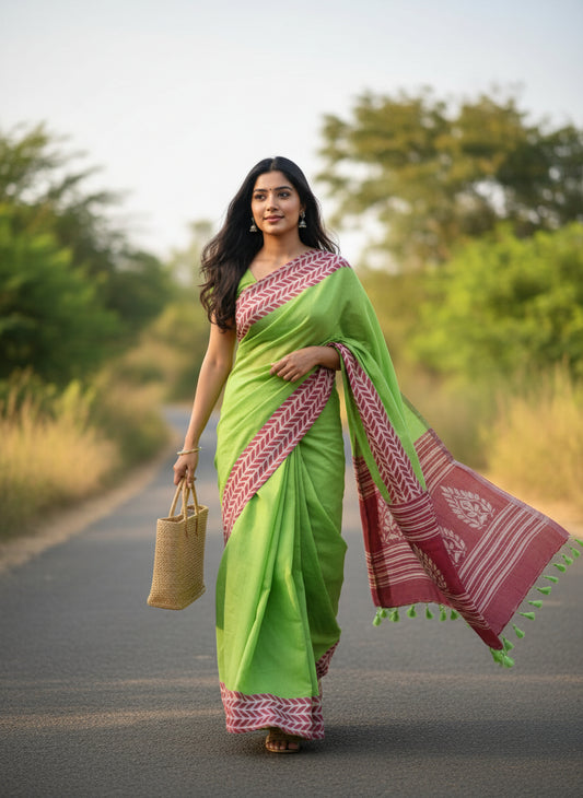 Green colour Mul cotton saree