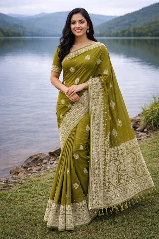 Dark leaf green chickenkari saree