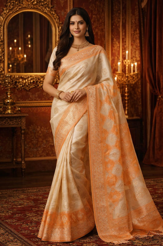 off white orange kora zari cotton silk saree