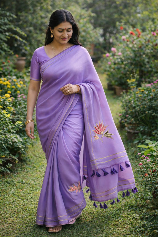 Purple colour lotus zari work mul cotton saree