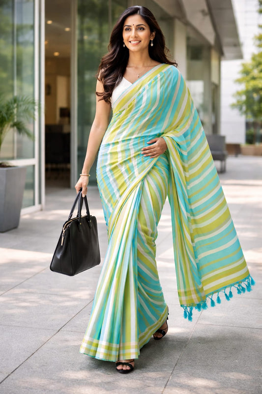 blue multi stripes mul cotton saree