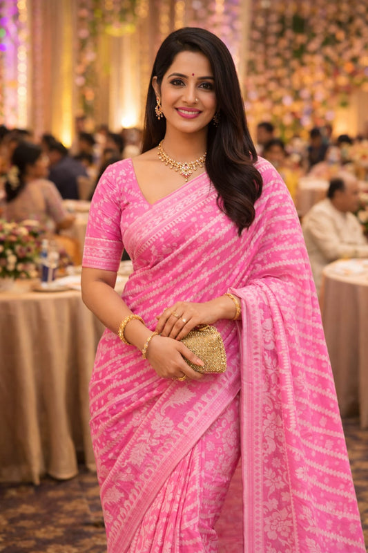 pink soft Jamdani cotton saree