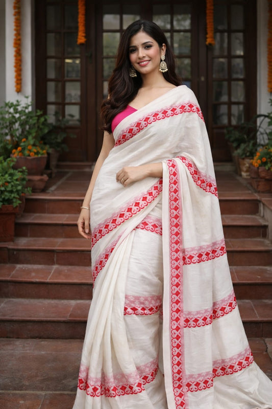 white red mul cotton saree