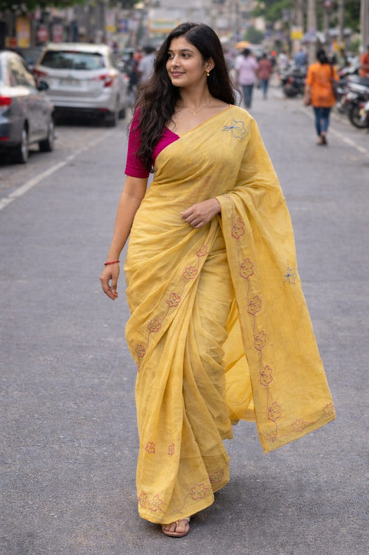 yellow embrodery mul cotton saree