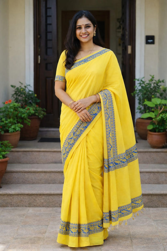 yellow mul cotton saree